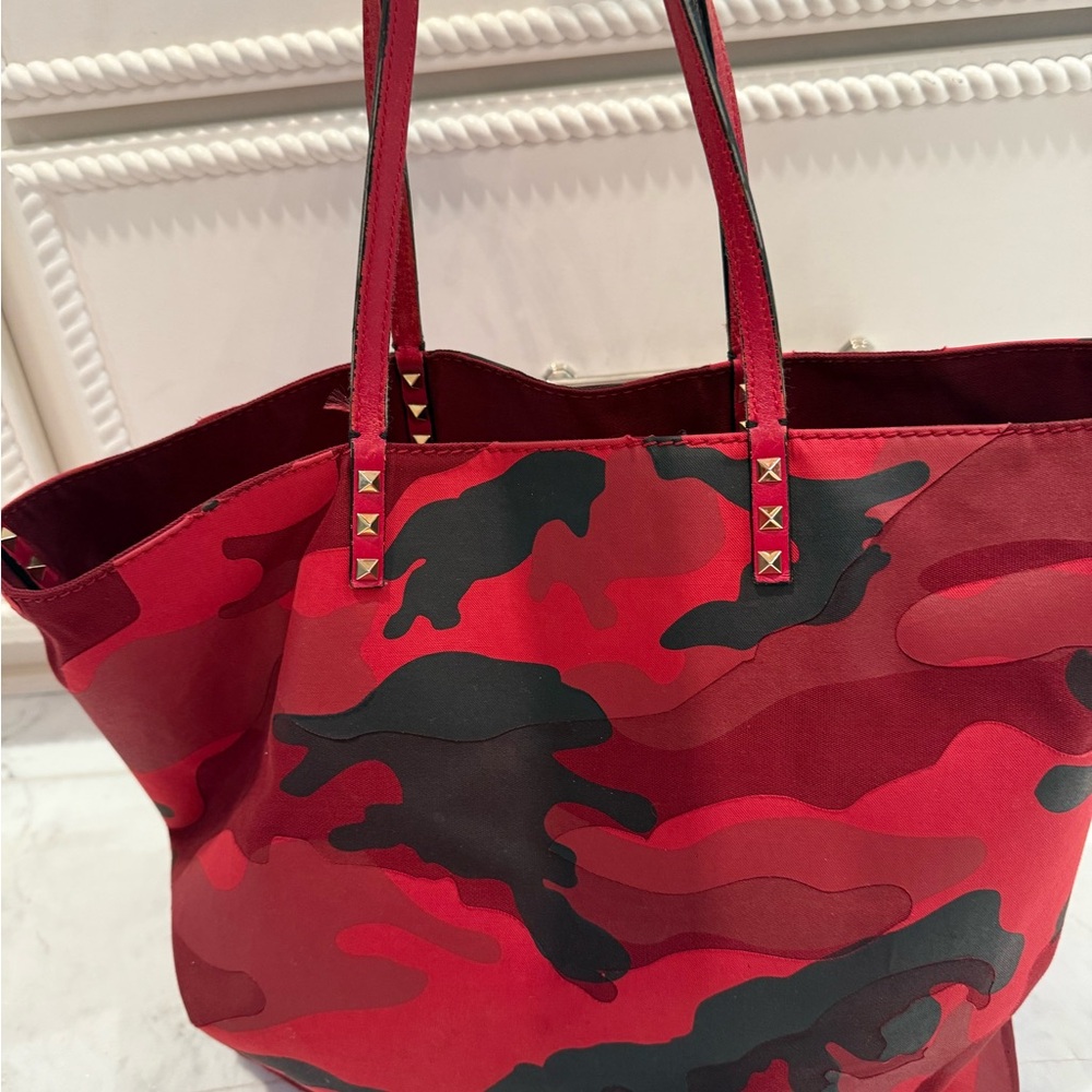 Used Valentino Red and Black Camouflage Tote Bag